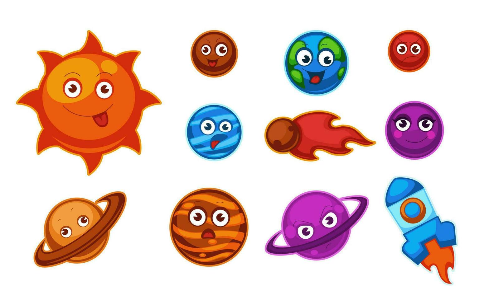 Planet cartoon personages with emotions vector