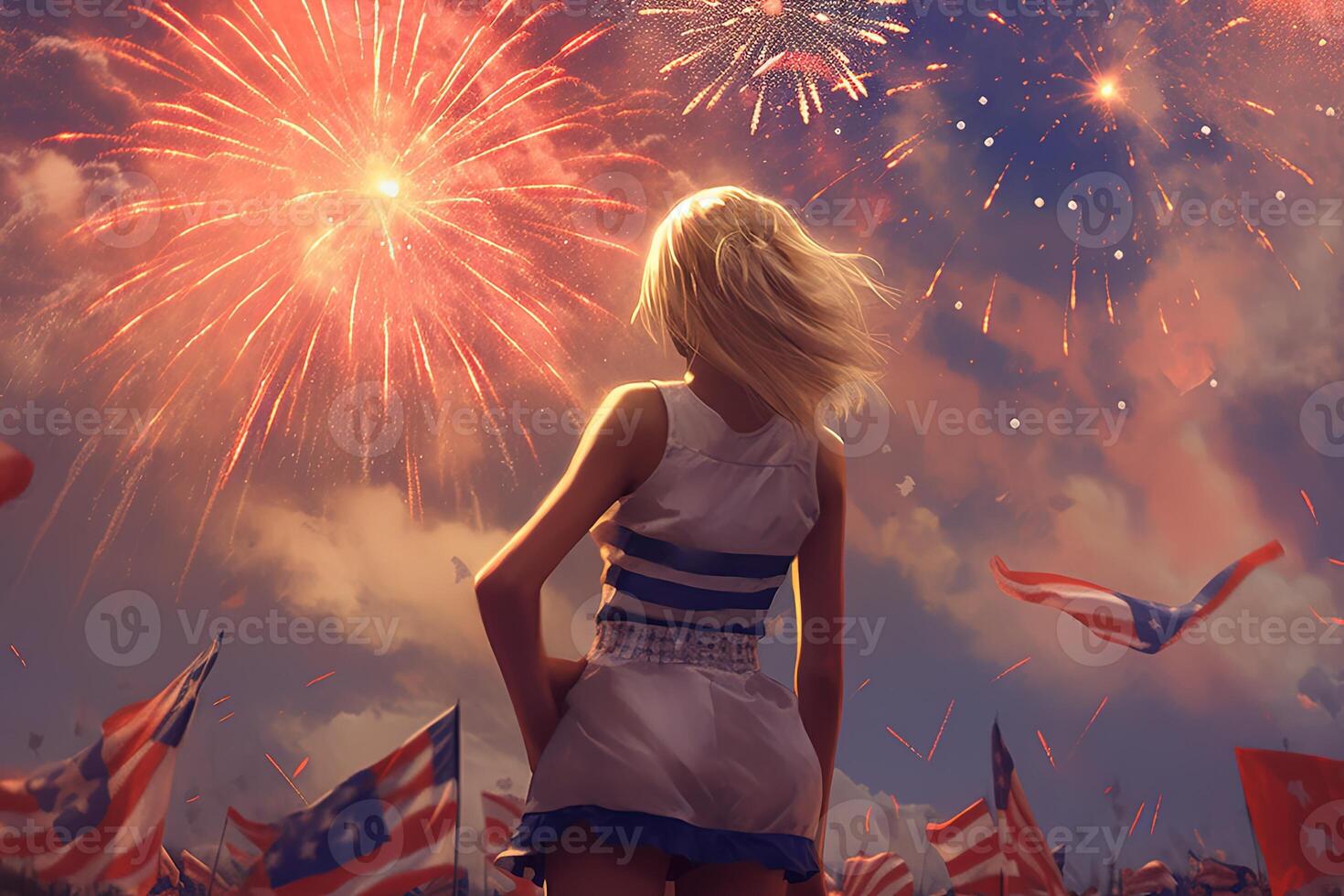 Rear View of American Young Girl Watching Fireworks in Background and USA Flags. 4th of July, American Independence Day, Memorial Day, Labour Day Concept. . photo