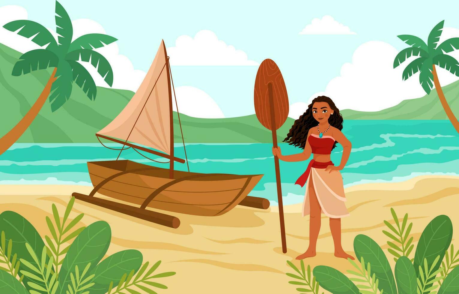 Beautiful Woman On The Beach With Her Boat vector