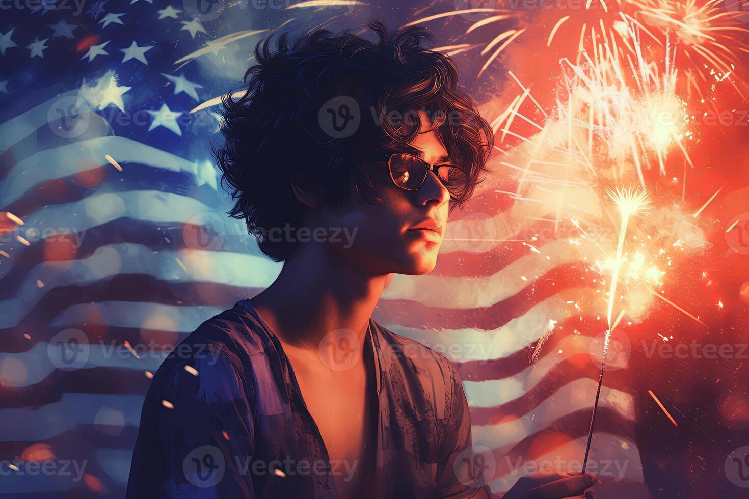 Handsome Youngster Boy Celebrating 4th of July with Sparkling Stick, America USA Flag Background for Independence Day Concept. . photo