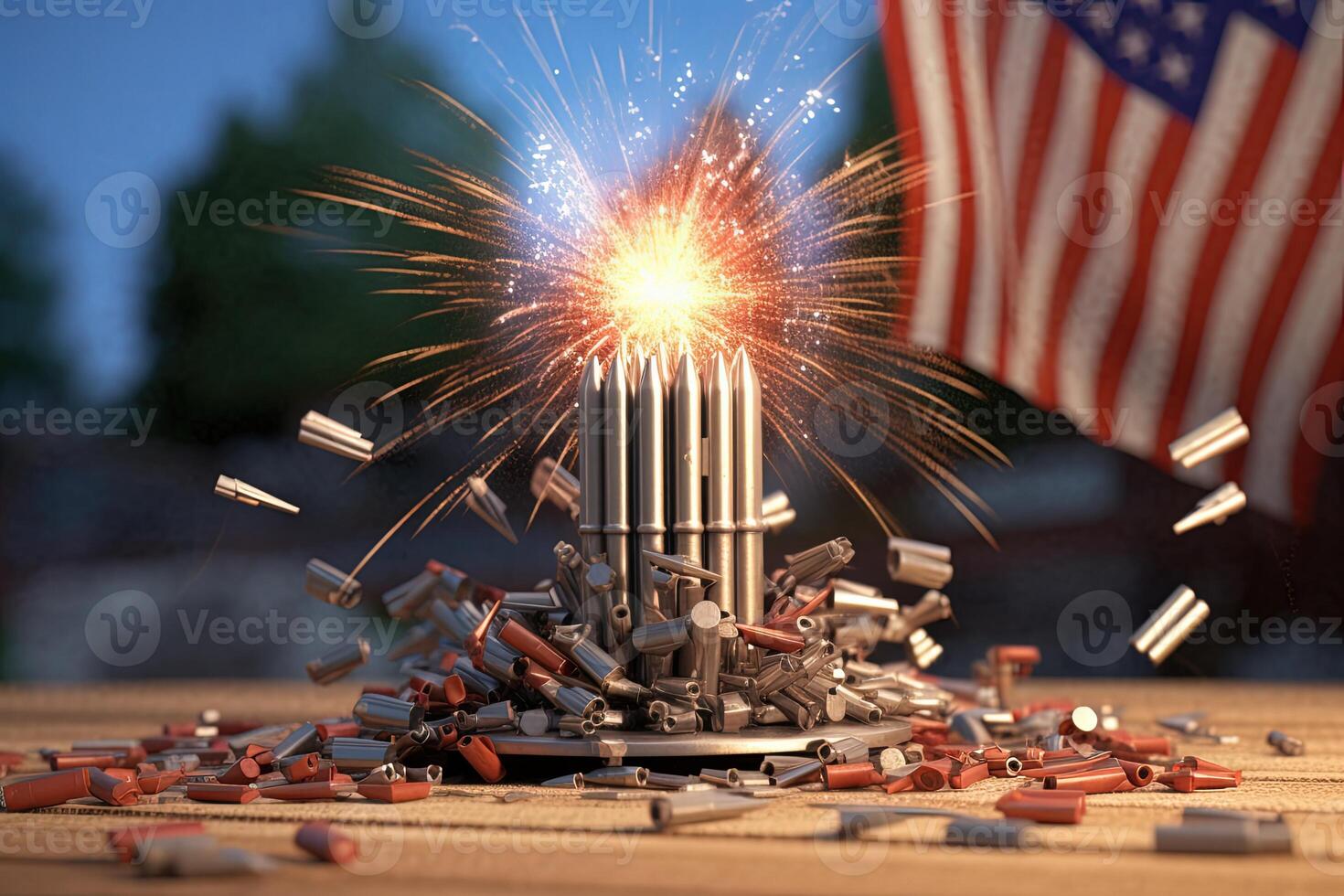 Cartridge Stack with Exploding Fireworks, Wavy American Flag in Background. 4th of July Independence Day Celebration Concept. . photo