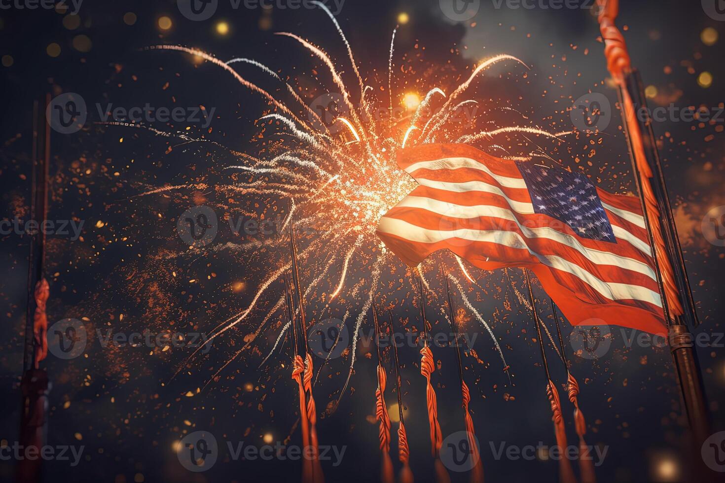 Patriotic Spirit of the United State with an American Flag Unfurled Against Background of Fireworks Celebrating Independence Day . photo
