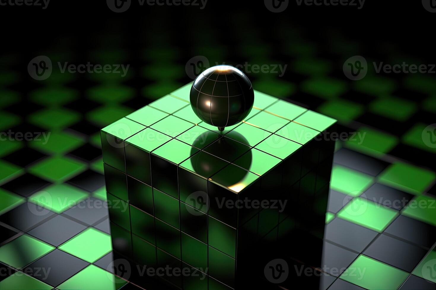 Dark Green and Black Checkered Abstract Background with Glowing Spheres 3d Render illustration. . photo