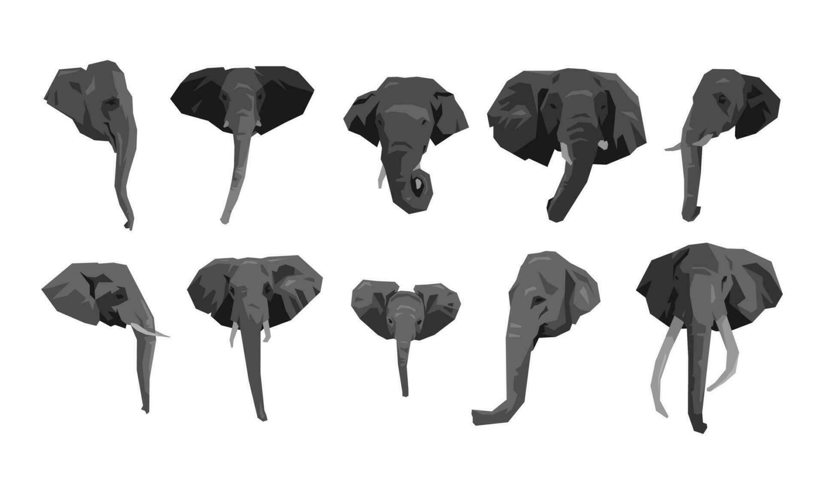 set collection of elephant's head with different types, sizes, ages, angles. cartoon flat vector illustration.