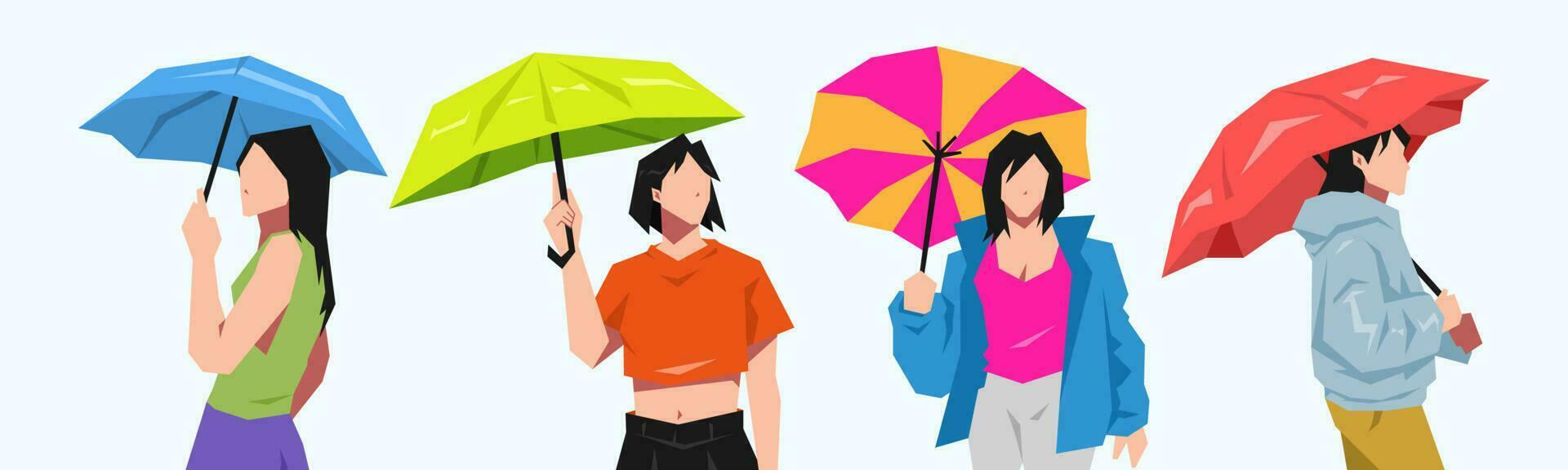 conjunto de algunos hermosa joven muchachas participación paraguas clima concepto, calor ola, lluvia, equipo. dibujos animados plano vector ilustración.