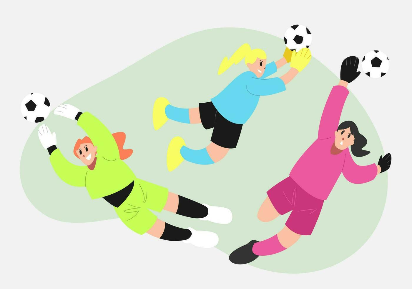 goalkeeper's girls try to catch soccer ball with different style, pose, jersey color Playing soccer, football. flat vector illustration.