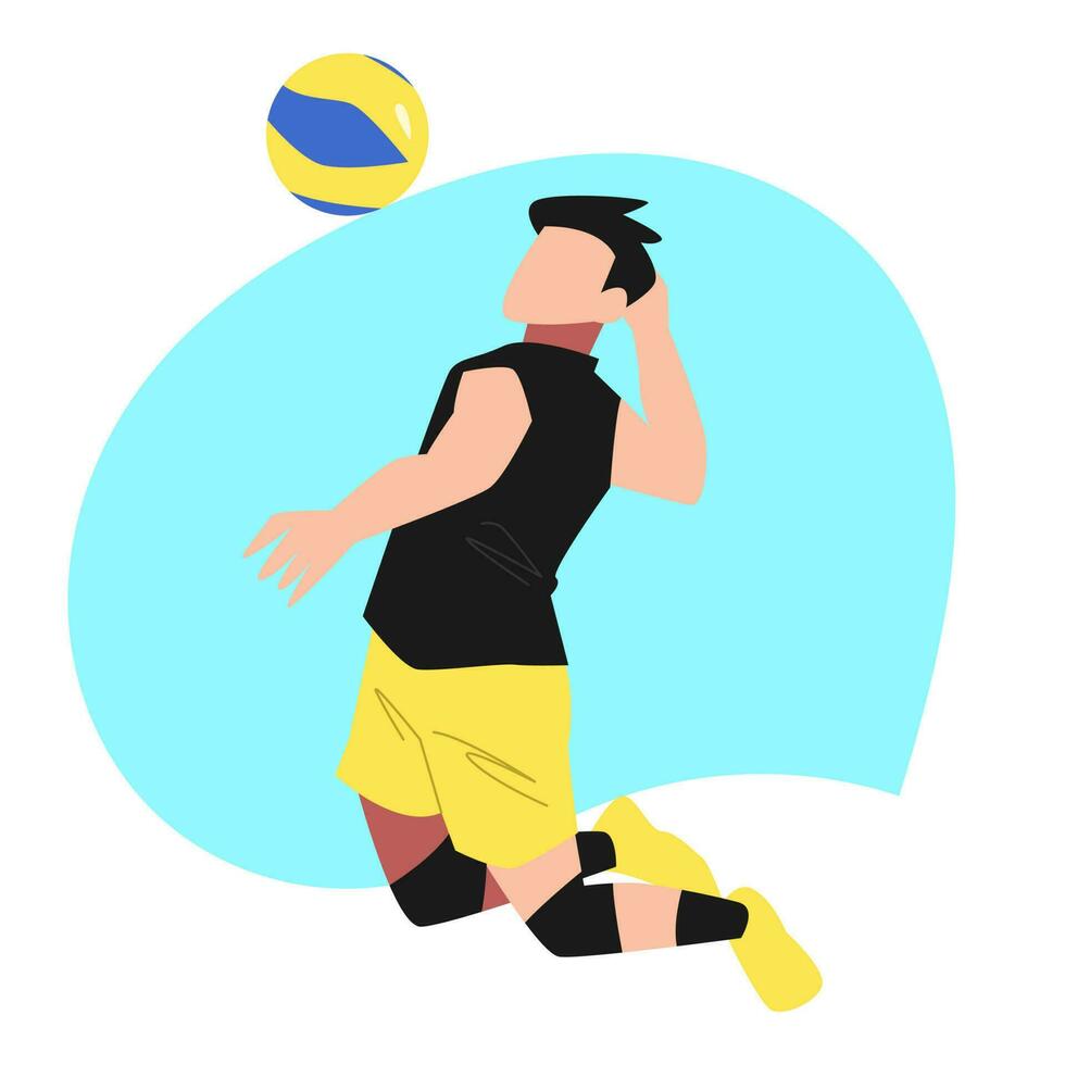 male volleyball athlete doing spike, jumping pose. blue background. vector flat illustration.
