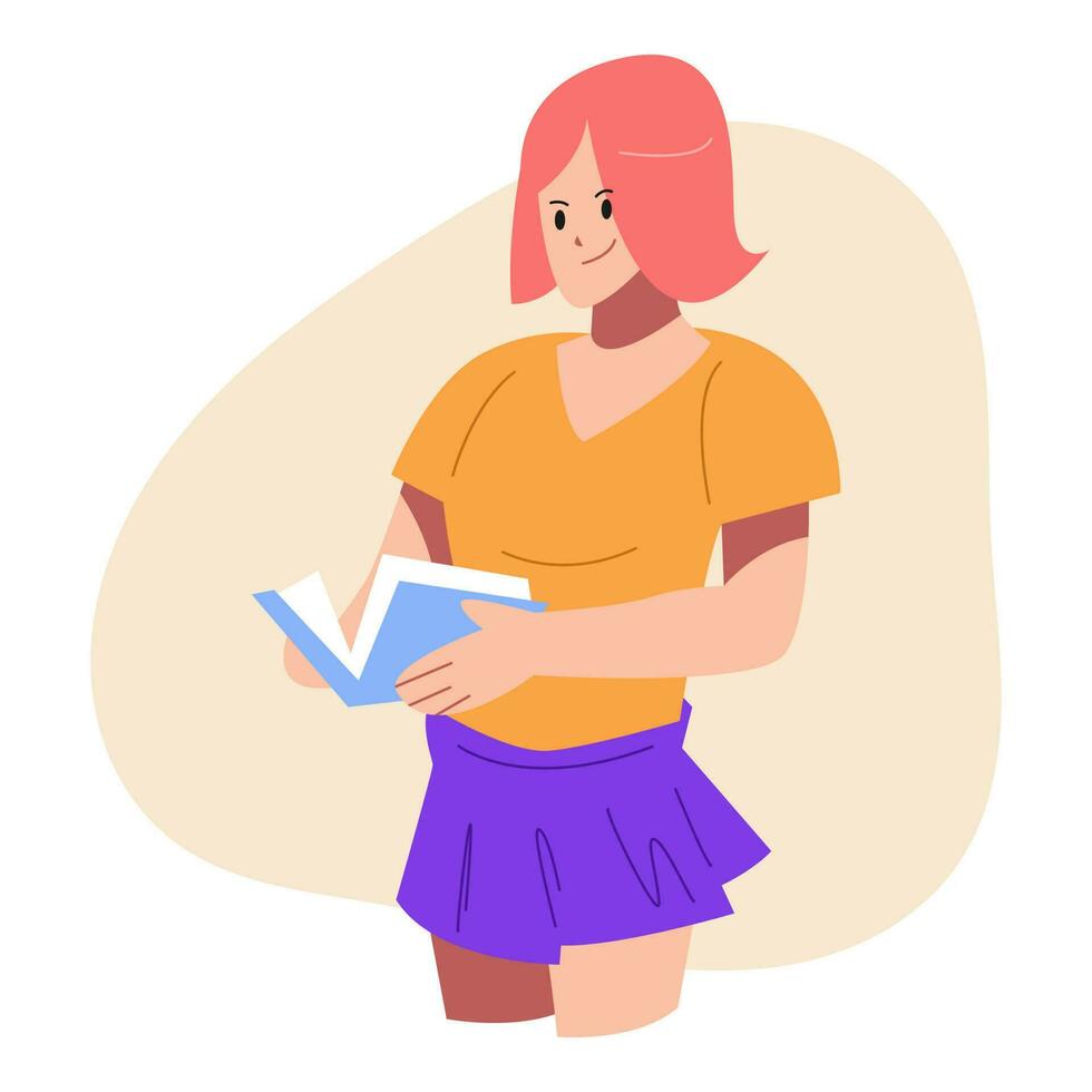 corto pelo bonito niña personaje es leyendo un libro. adolescente participación un libro mientras de pie. dibujos animados plano vector ilustración