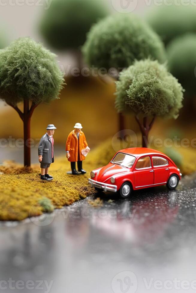 arcilla modelo de dos antiguo hombre en pie cerca coche en árbol lado calle. coche Finanzas o seguro para Jubilación persona vertical modelo o póster diseño. foto