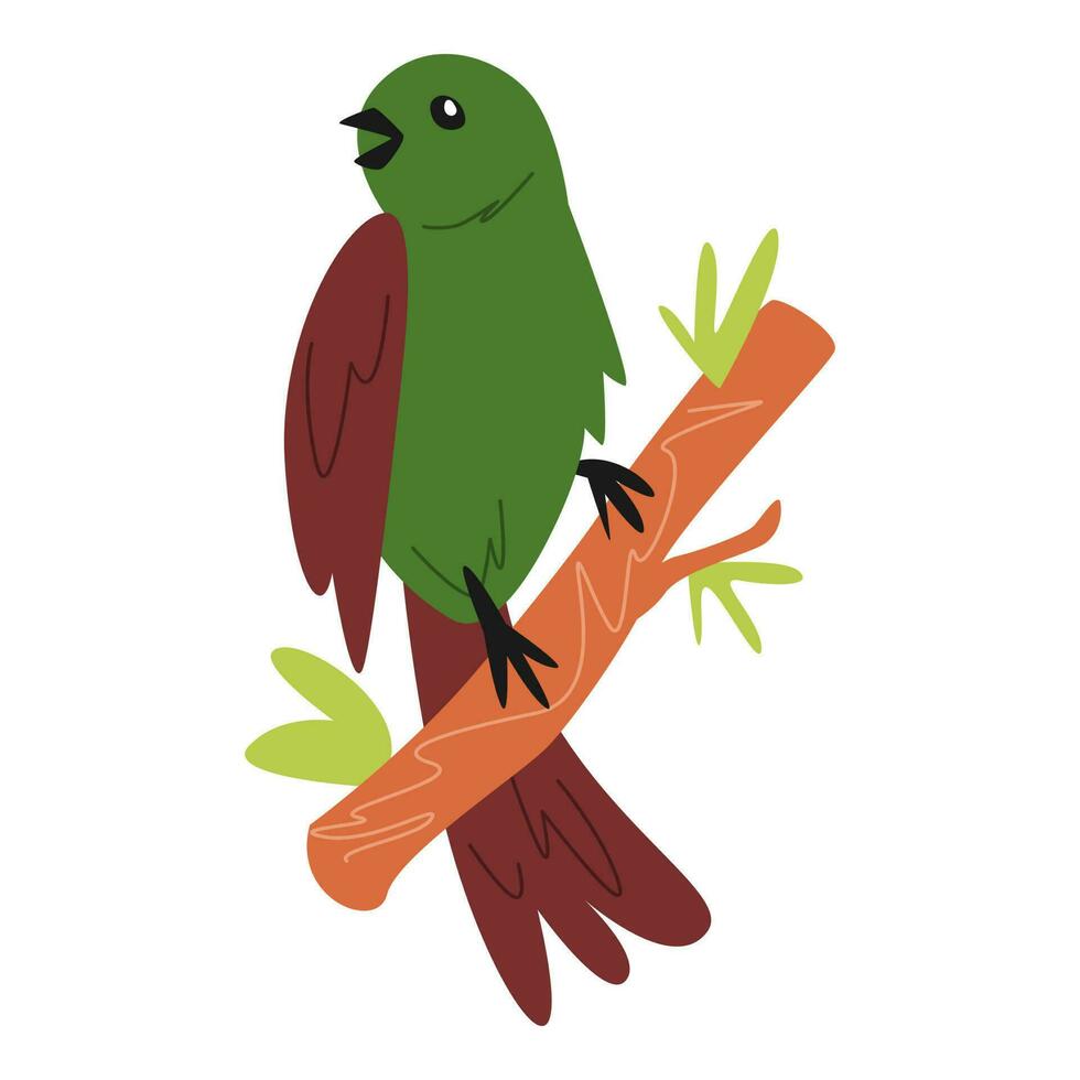 green cartoon bird perched on a tree branch. suitable for children's book illustration, print, poster, sticker. cartoon flat vector illustration.