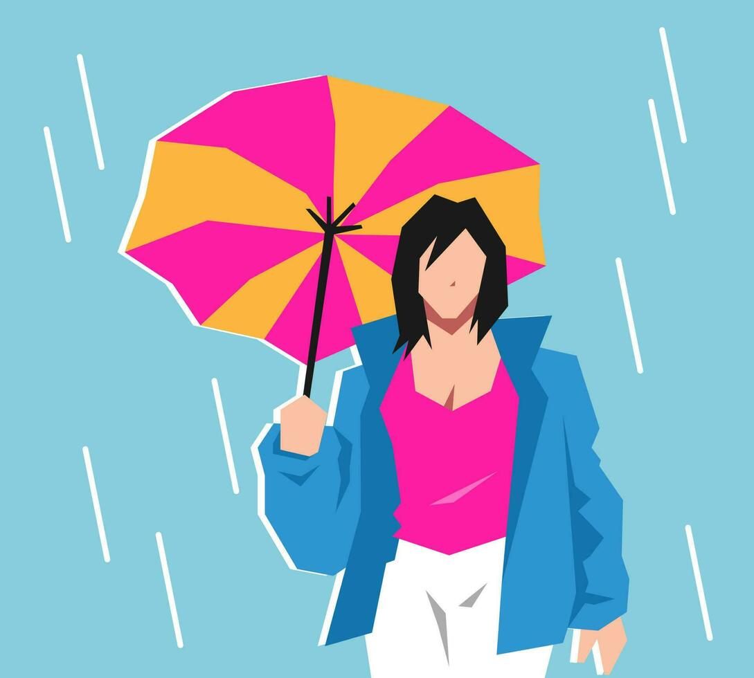 beautiful young girl holding an umbrella.  weather concept, heat wave, rain, equipment.  cartoon flat vector illustration.