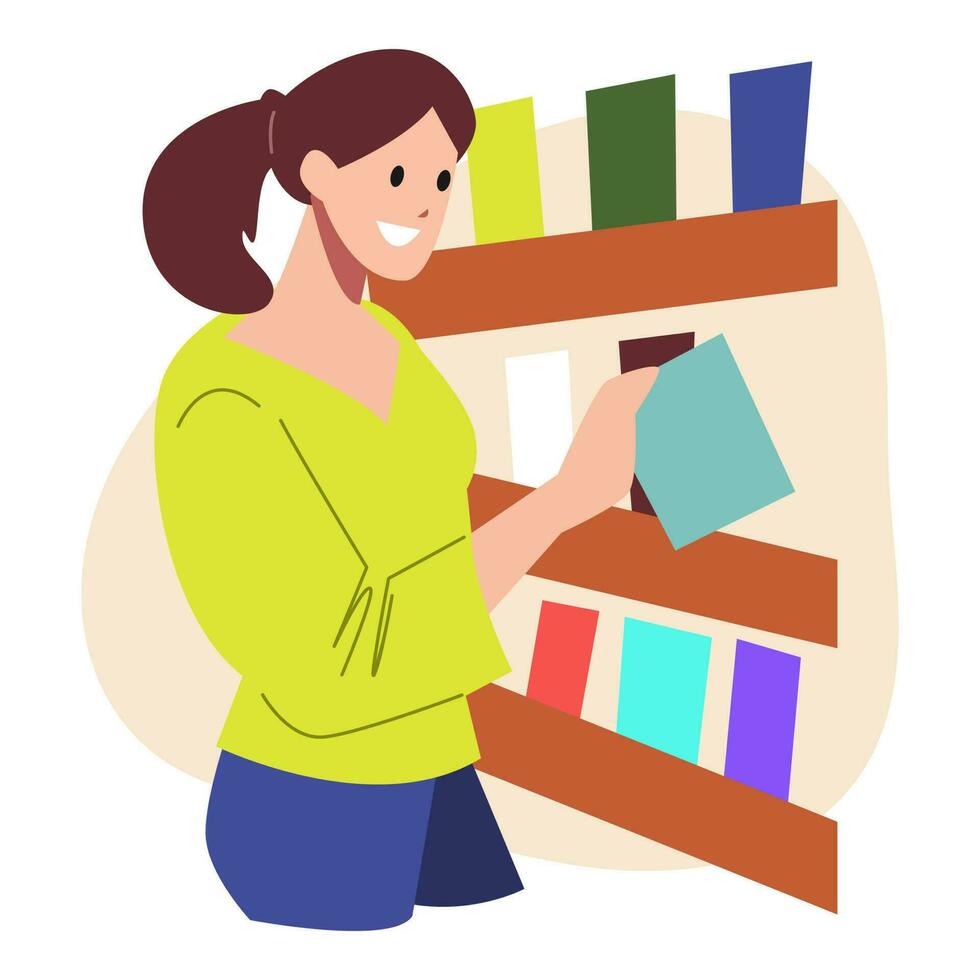 beautiful girl character is picking up a book on the bookshelf. teenager in the library. cartoon flat vector illustration