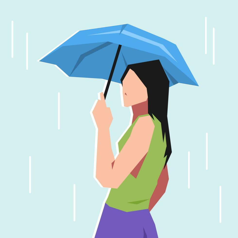 young girl holding an umbrella.  weather concept, heat wave, rain, equipment.  cartoon flat vector illustration.