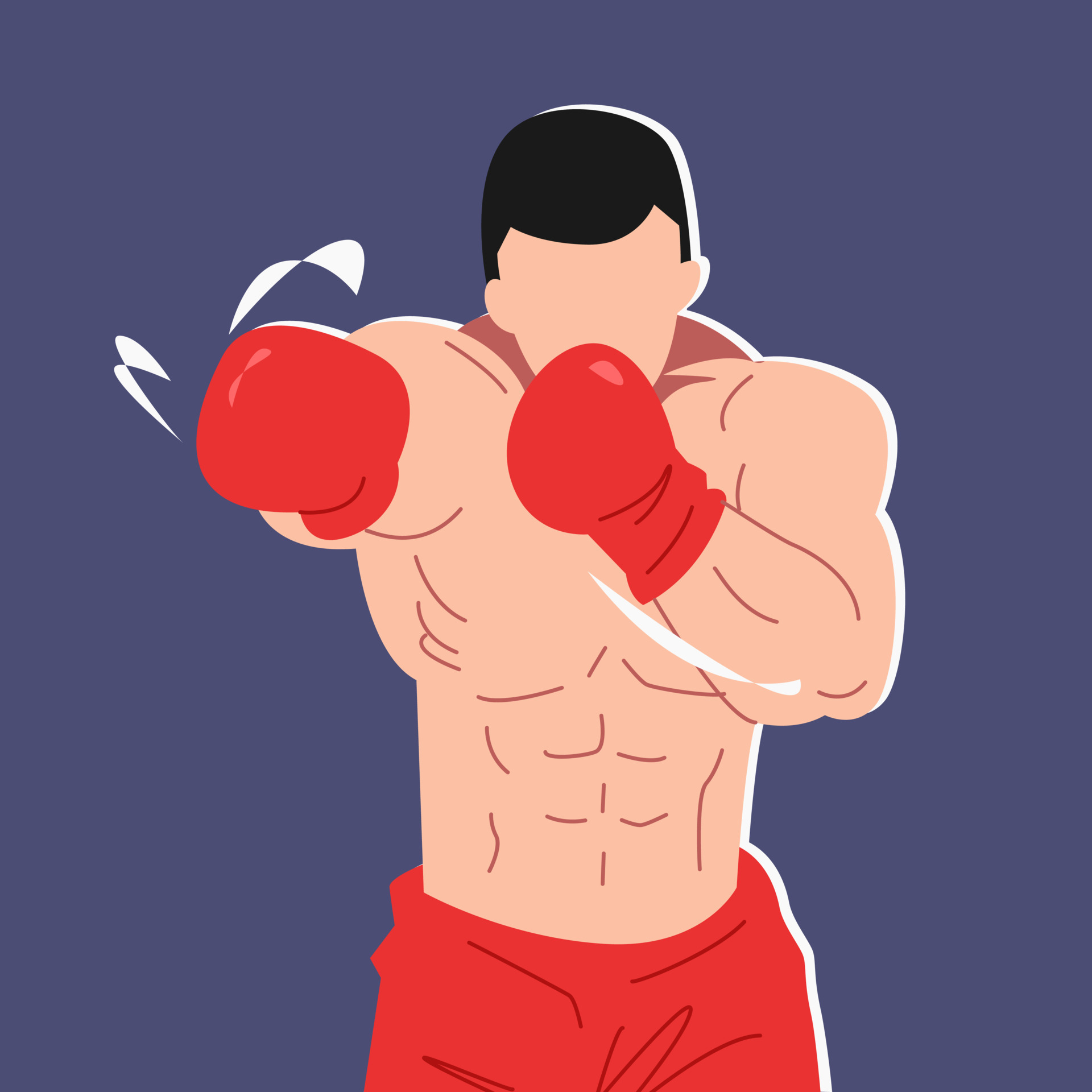 boxing athlete doing jab, punch. cloth, and red boxing gloves. flat