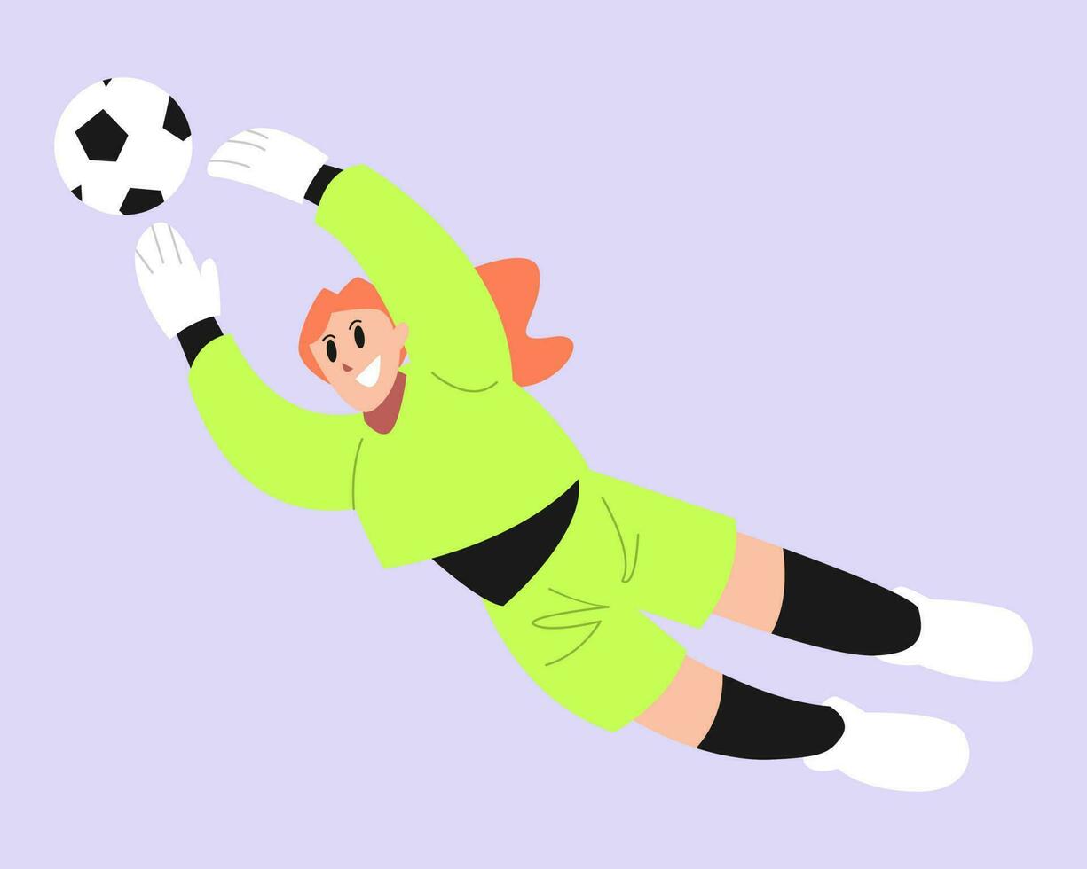 Female goalkeeper trying to catch a soccer ball. Wear green jersey. Playing football, soccer. Vector flat illustration.