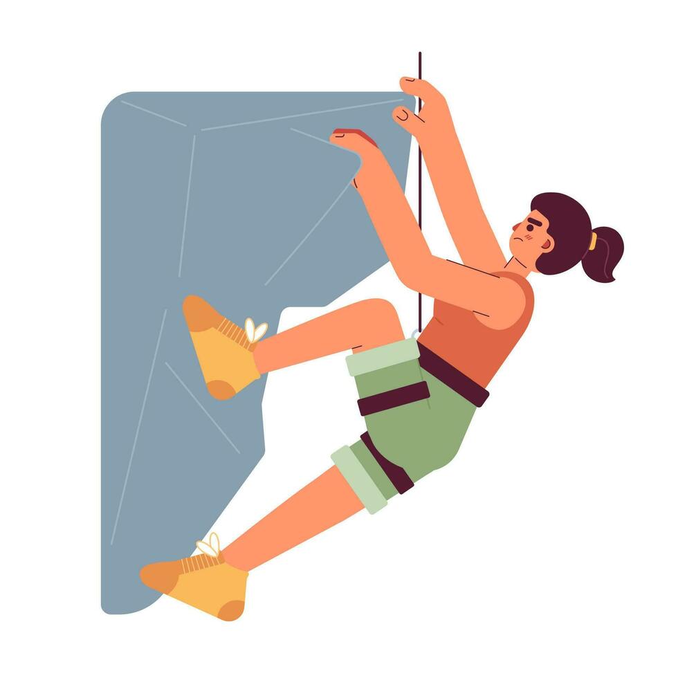 Rock climbing conceptual hero image. Climber woman hanging on cliff 2D cartoon character on white background. Mountaineering. Extreme sport isolated concept illustration. Vector art for web design ui