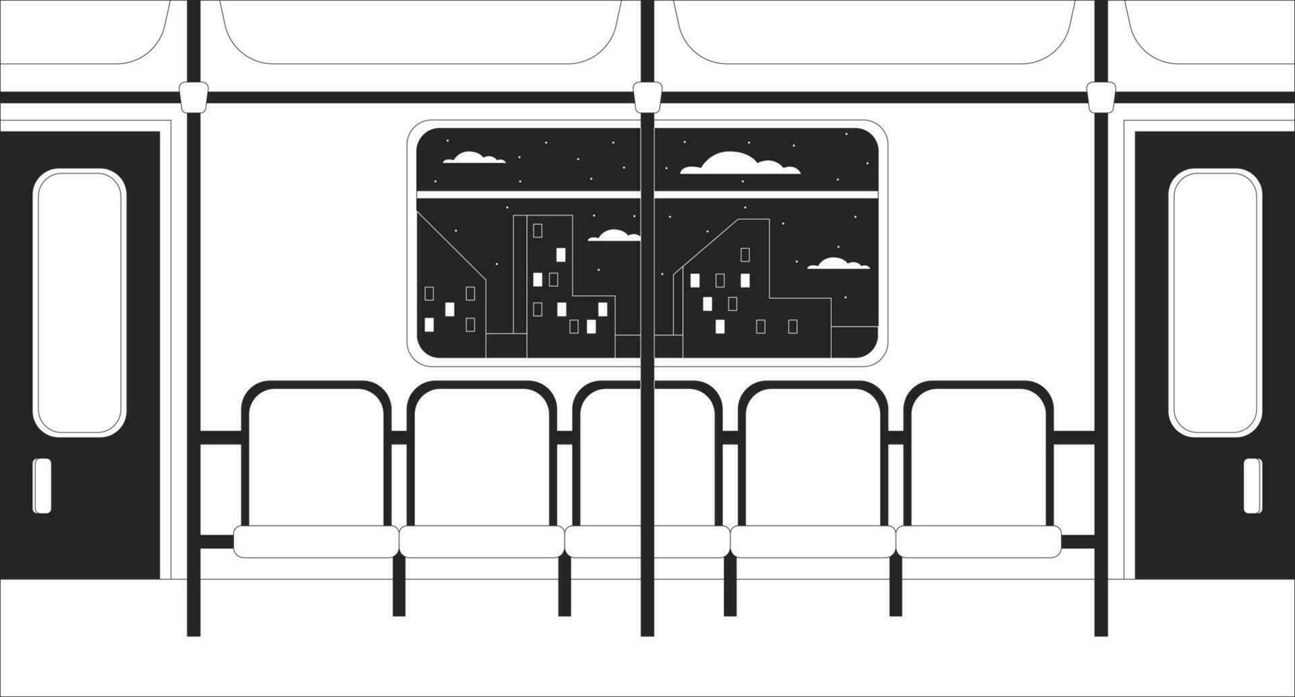 Train interior black and white lo fi chill wallpaper. Metro seats. Subway inside. Rapid transit 2D vector cartoon interior illustration, minimalism background. 80s retro album art, line art