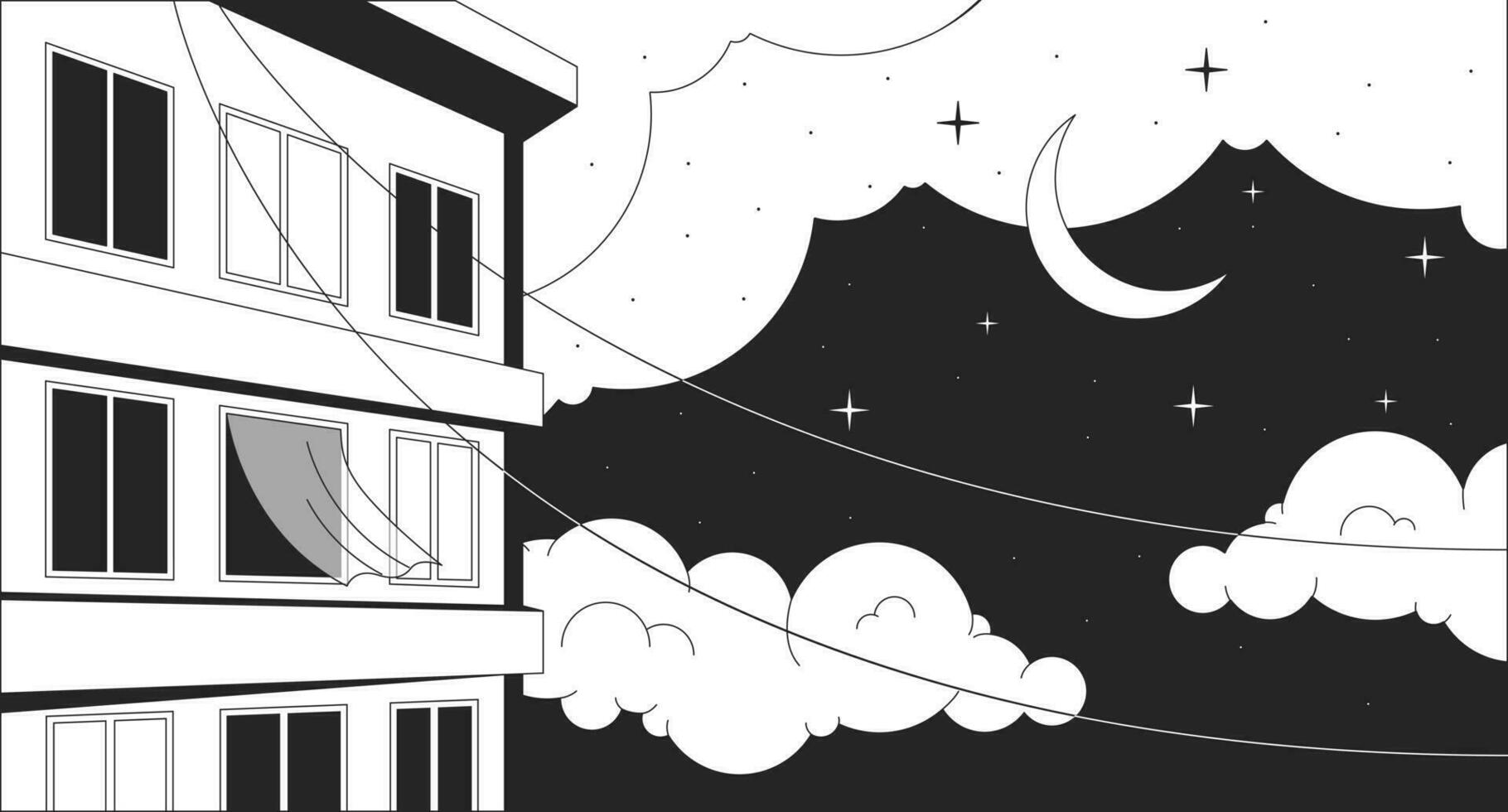 Windows apartment building night black and white lo fi chill wallpaper. Moonlight night sky residential 2D vector cartoon landscape illustration, minimalism background. 80s retro album art, line art