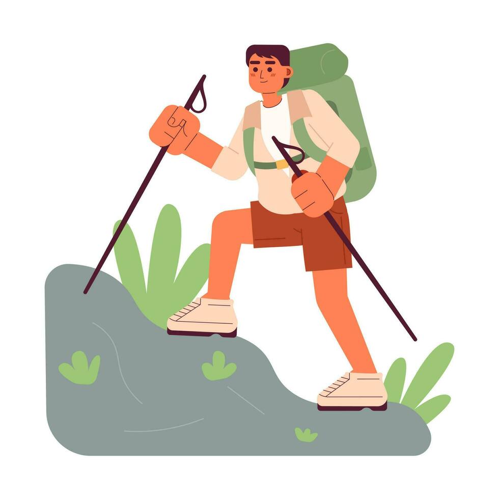 caminante trepador con trekking polos conceptual héroe imagen. al aire libre recreación. 2d dibujos animados personaje en blanco antecedentes. naturaleza caminando aislado concepto ilustración. vector Arte para web diseño ui