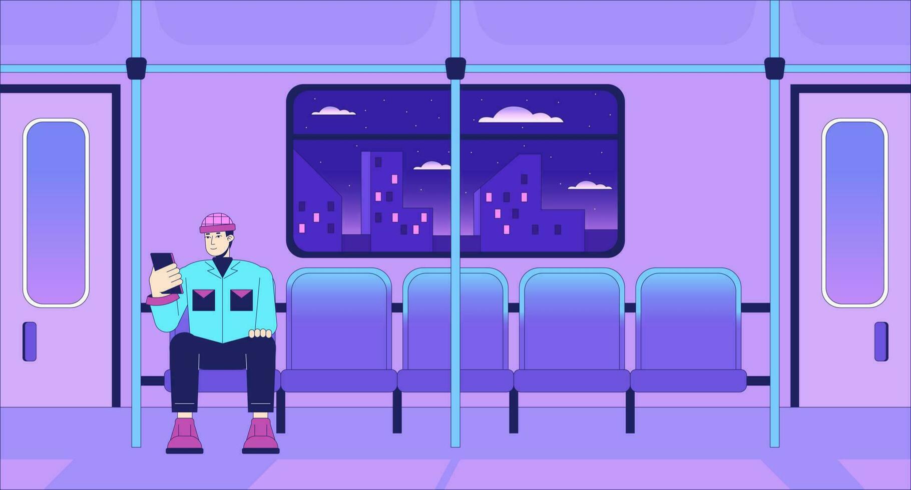 Commuter rail passenger lo fi chill wallpaper. Rapid transit. Young asian man subway passenger 2D vector cartoon character illustration, vaporwave background. 80s retro album art, synthwave aesthetics