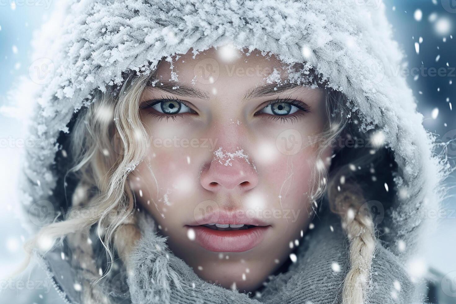 retrato, de pelo rubio niña con azul ojos en un encapuchado invierno con nieve. generativo ai foto