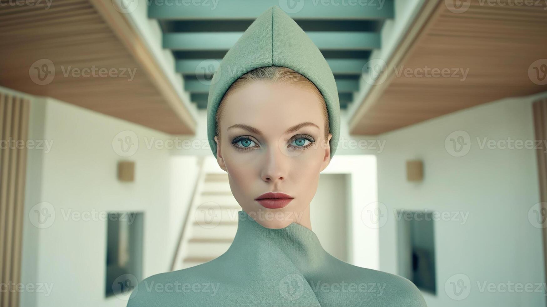 Symmetrical close-up portrait of an expressive French supermodel in a celadon-colored house wearing tight-fitting clothing. photo