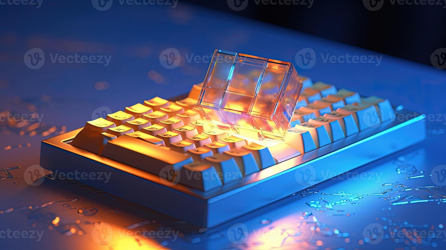 A Lighting Mechanical Card Rests in Computer Keyboard at Dark Background, High Quality Technology . photo