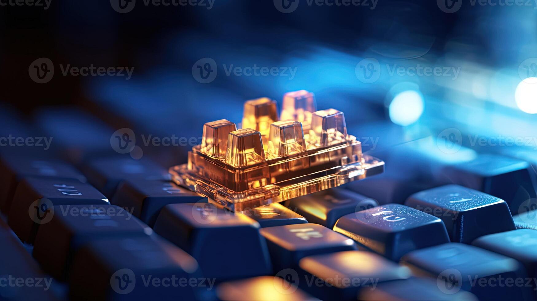 A Lighting Mechanical Card Rests in Computer Keyboard at Dark Background, High Quality Technology . photo