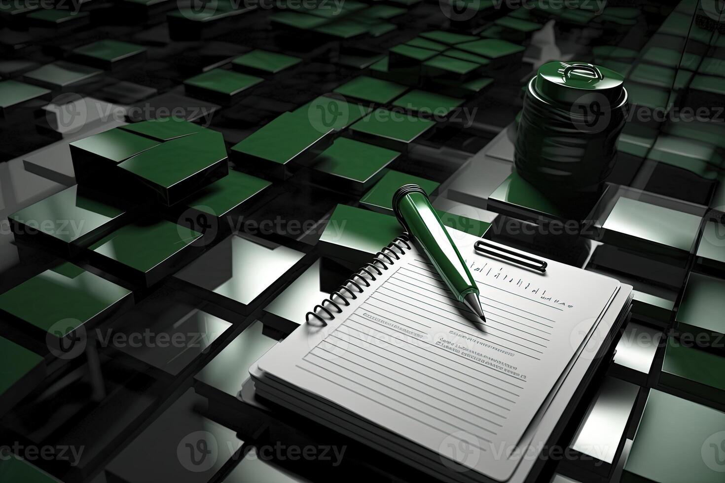 Overhead View of Document Paper with Pen on Shiny Grey and Green Blocks Background. photo