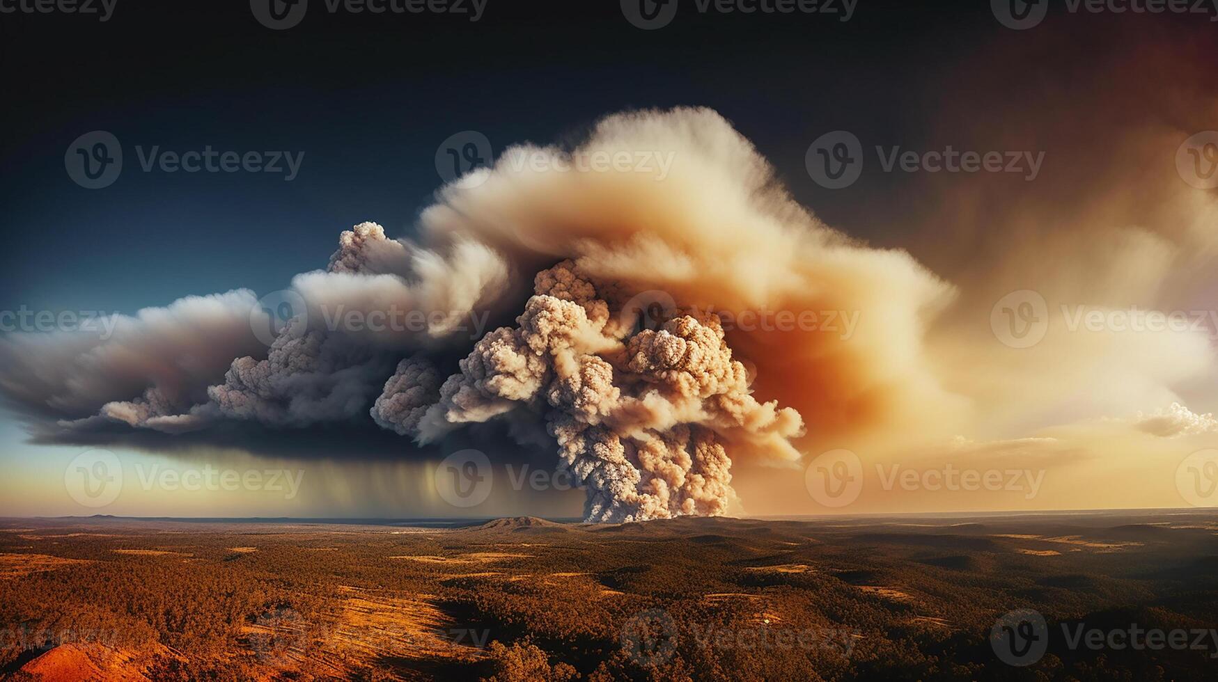 Dramatic landscape with heavy fire and puffs of smoke in Western Australia, bushfire. photo