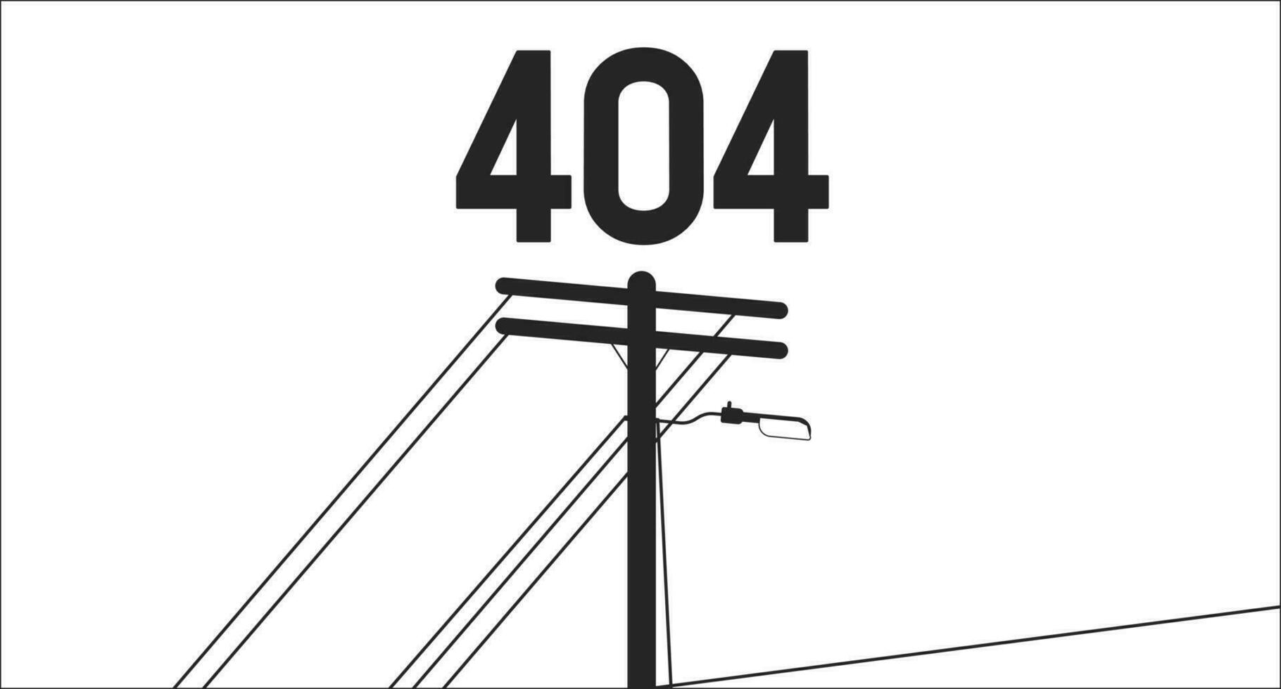 Telephone pole minimalistic black white error 404 flash message. City street. Empty state ui design, lofi background. Page not found cartoon image. Vector flat outline illustration concept, line art