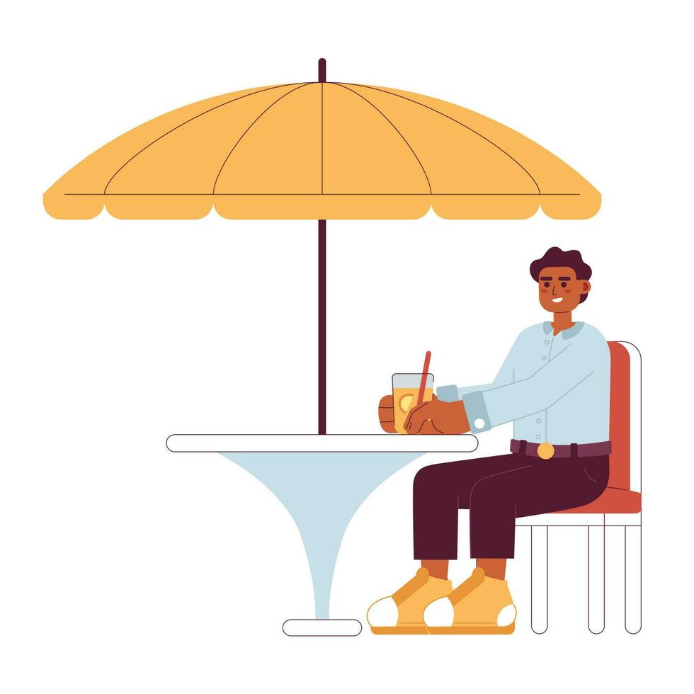 African american young man drinking juice at cafe flat vector cartoon character. Lunch break outside spot illustration. Full body person isolated on white. Editable 2D simple drawing, graphic design