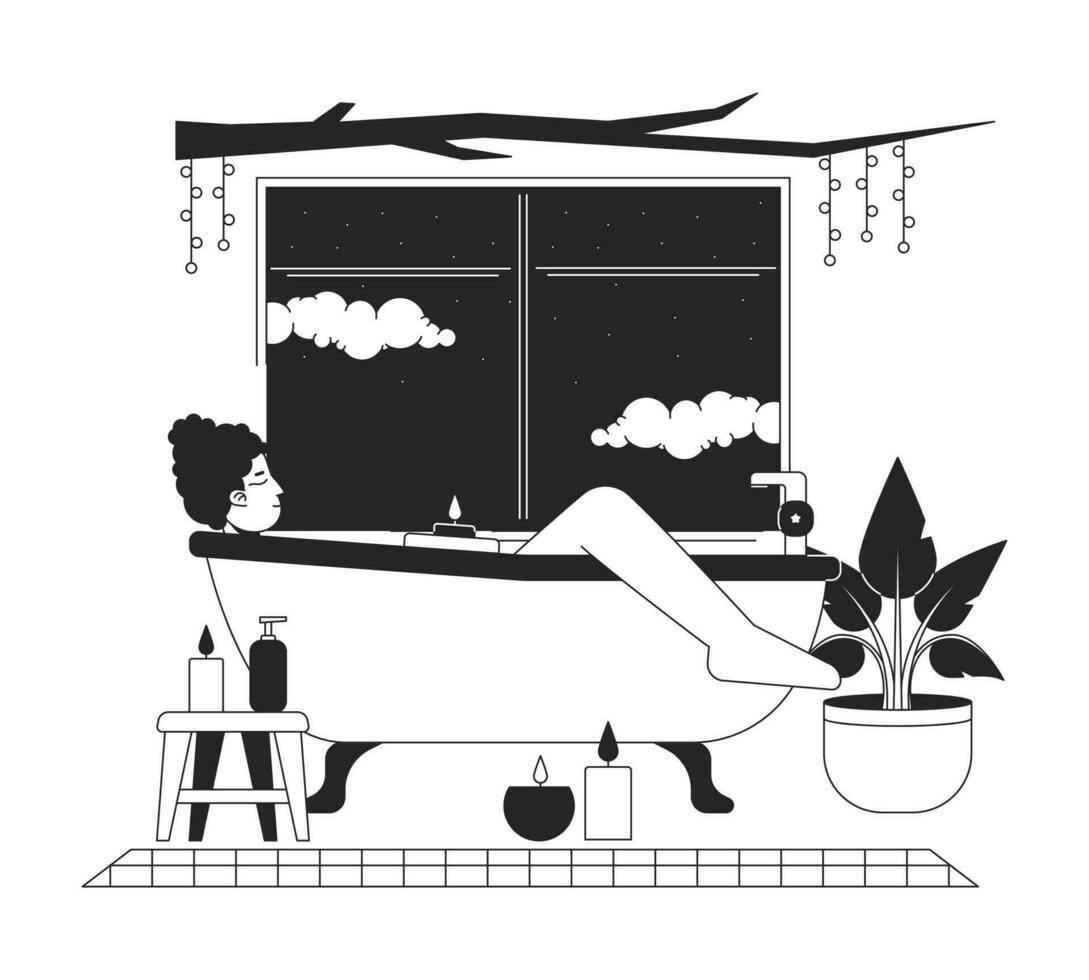 tomando bañera con vela luces aislado frío lo fi imagen. cerrado ojos mujer relajante en bañera 2d vector dibujos animados personaje ilustración, minimalismo antecedentes. Años 80 retro álbum arte, línea Arte