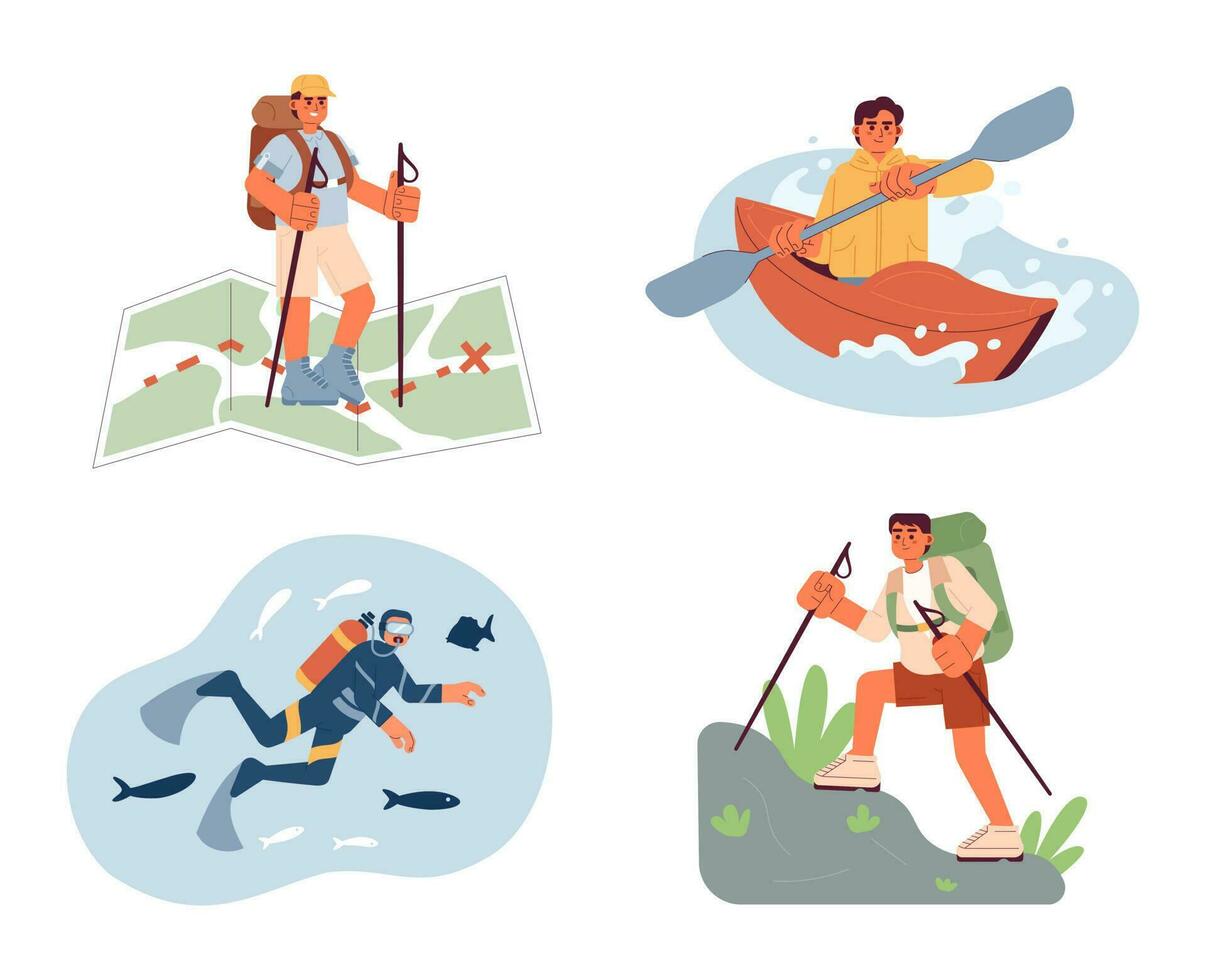 Extreme sports conceptual hero image set. Outdoor recreational activities in land, water. Outdoors men concept illustration pack. Recreation people. Summer wanderlust. Vector art for web design ui