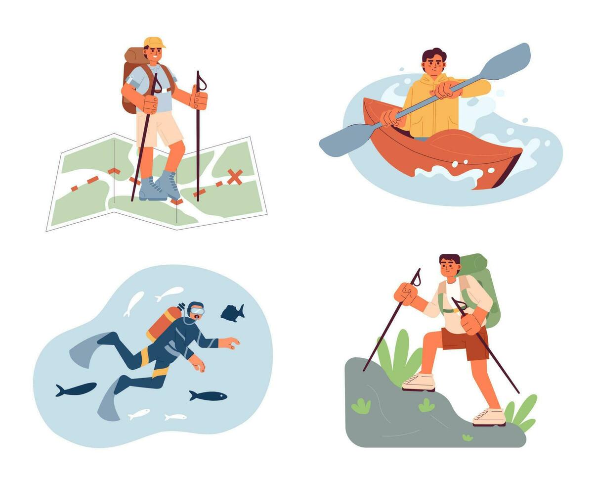 Extreme sports conceptual hero image set. Outdoor recreational activities in land, water. Outdoors men concept illustration pack. Recreation people. Summer wanderlust. Vector art for web design ui