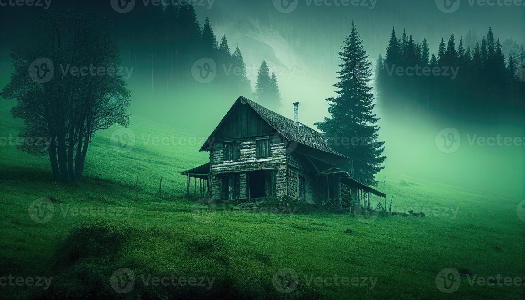 Old wooden house and alone tree on the hills. photo