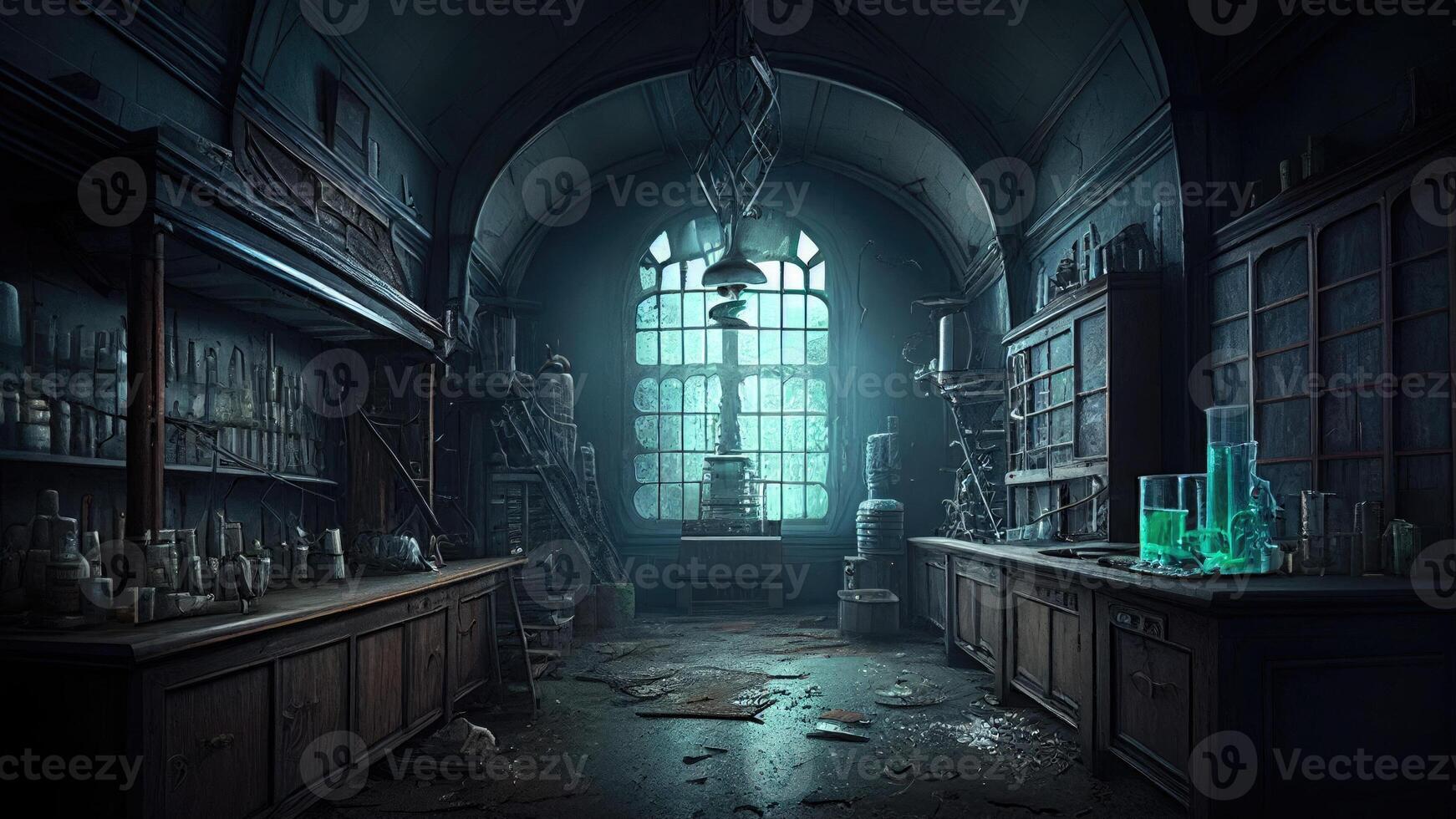 Old dark fantastic lab.Medieval abandoned alchemist laboratory. photo