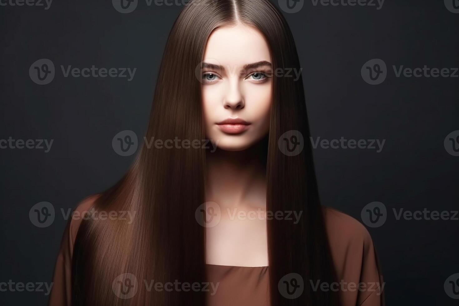 Portrait Beautiful brunette girl with long brown hair, studio light. photo