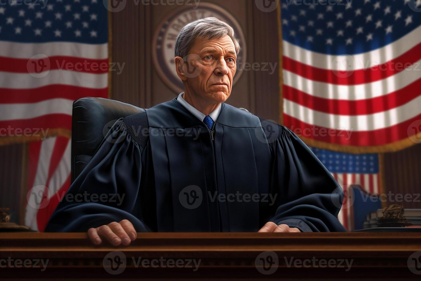 An elderly judge handing down a trumped-up verdict in the courtroom. photo