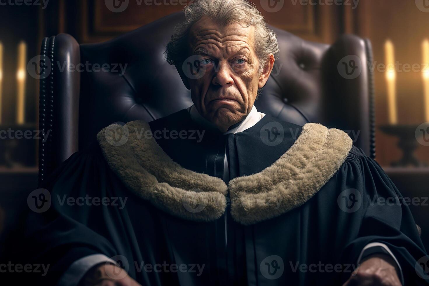 An elderly judge handing down a trumped-up verdict in the courtroom. photo