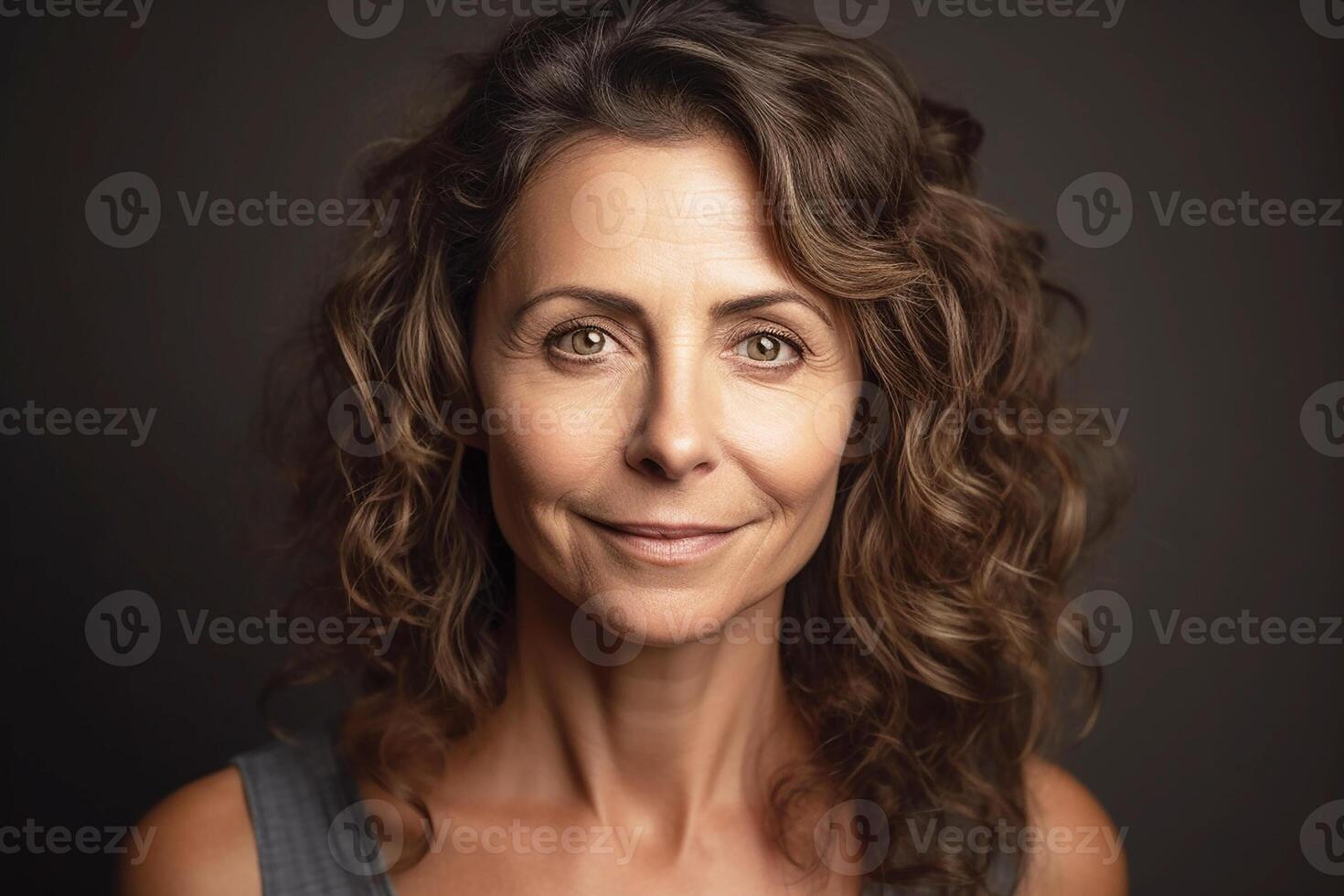 Portrait of a woman with dark hair in her 50s, studio light. photo