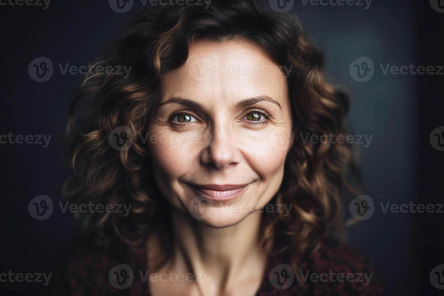 Portrait of a woman with dark hair in her 50s, studio light. photo