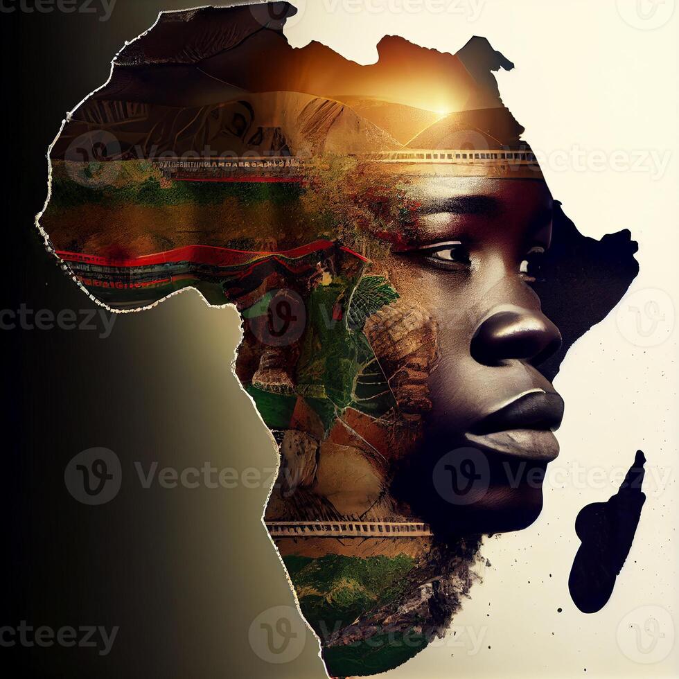 África, un étnico de piel oscura mujer en el antecedentes de continente África. generativo ai foto