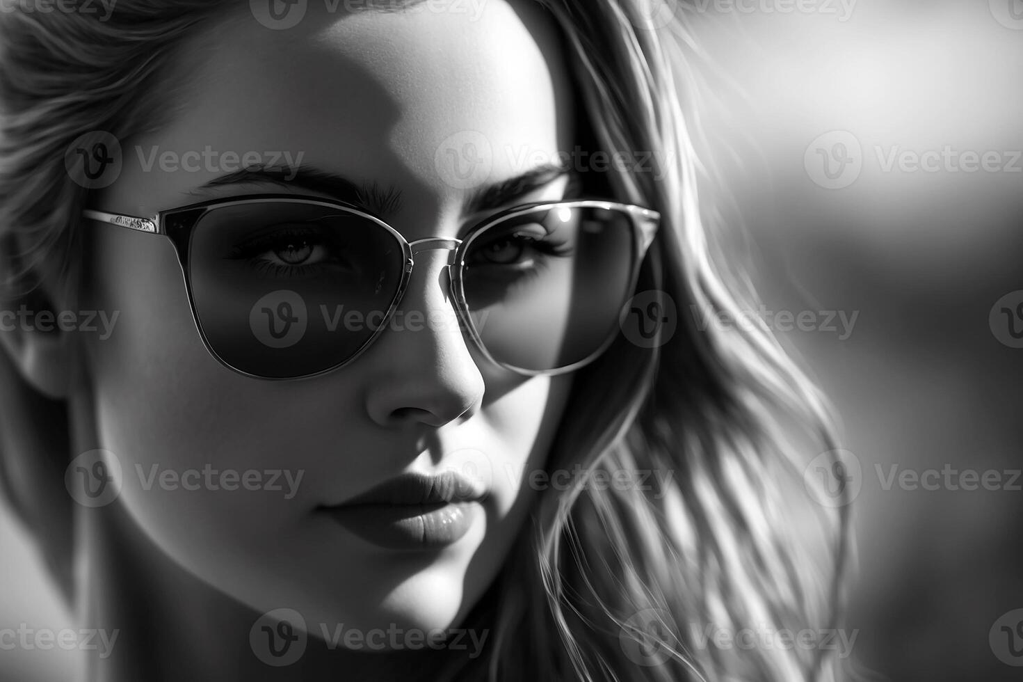 Fashionable girl in sunglasses. Black and white portrait. photo
