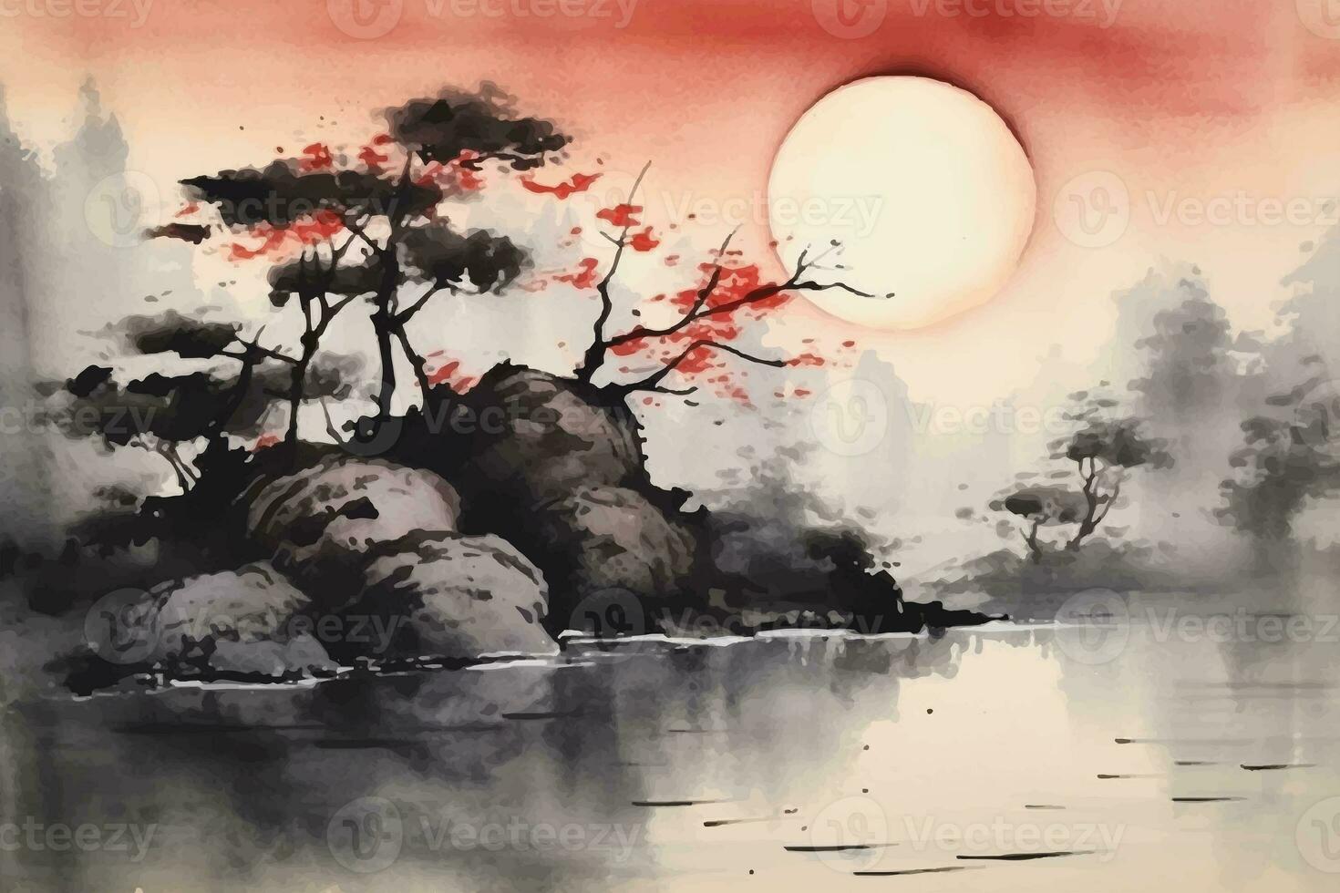 Chinese Landscape Chinese Ink Painting With Color Painted In Chinese Landscape Chinese Ink Painting With Color Painted In Watercolor On Textured Paper Digital Watercolor Painting Photo