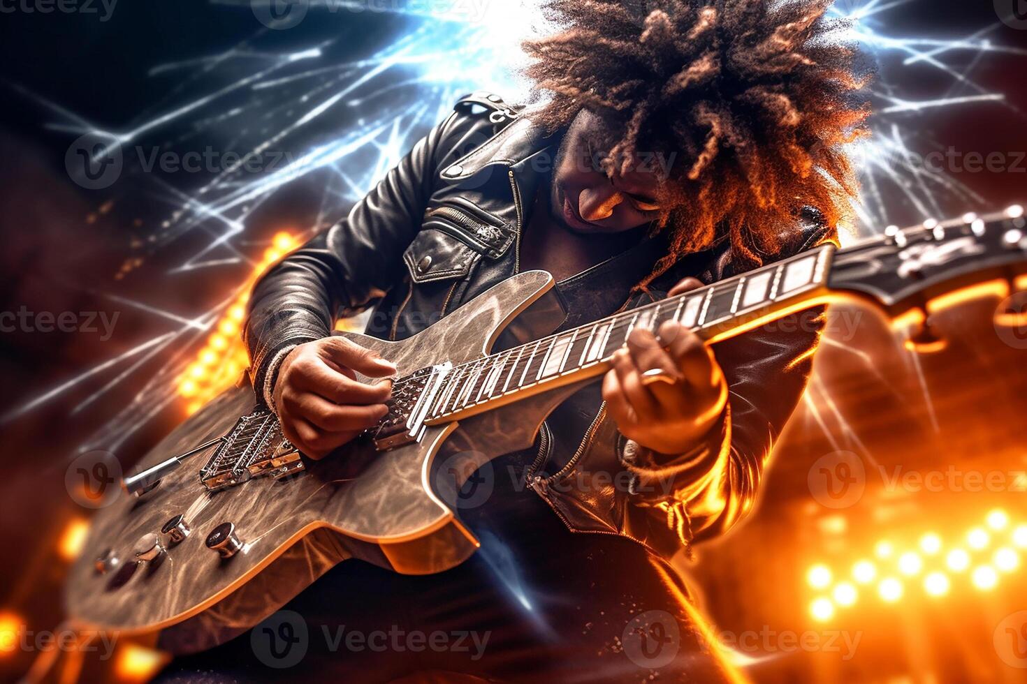 Rock guitarist, metal rockstar playing guitar with lightning on the strings. photo