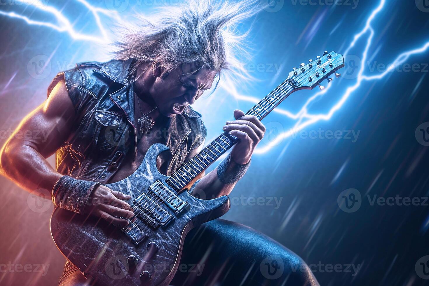 Rock guitarist, metal rockstar playing guitar with lightning on the strings. photo