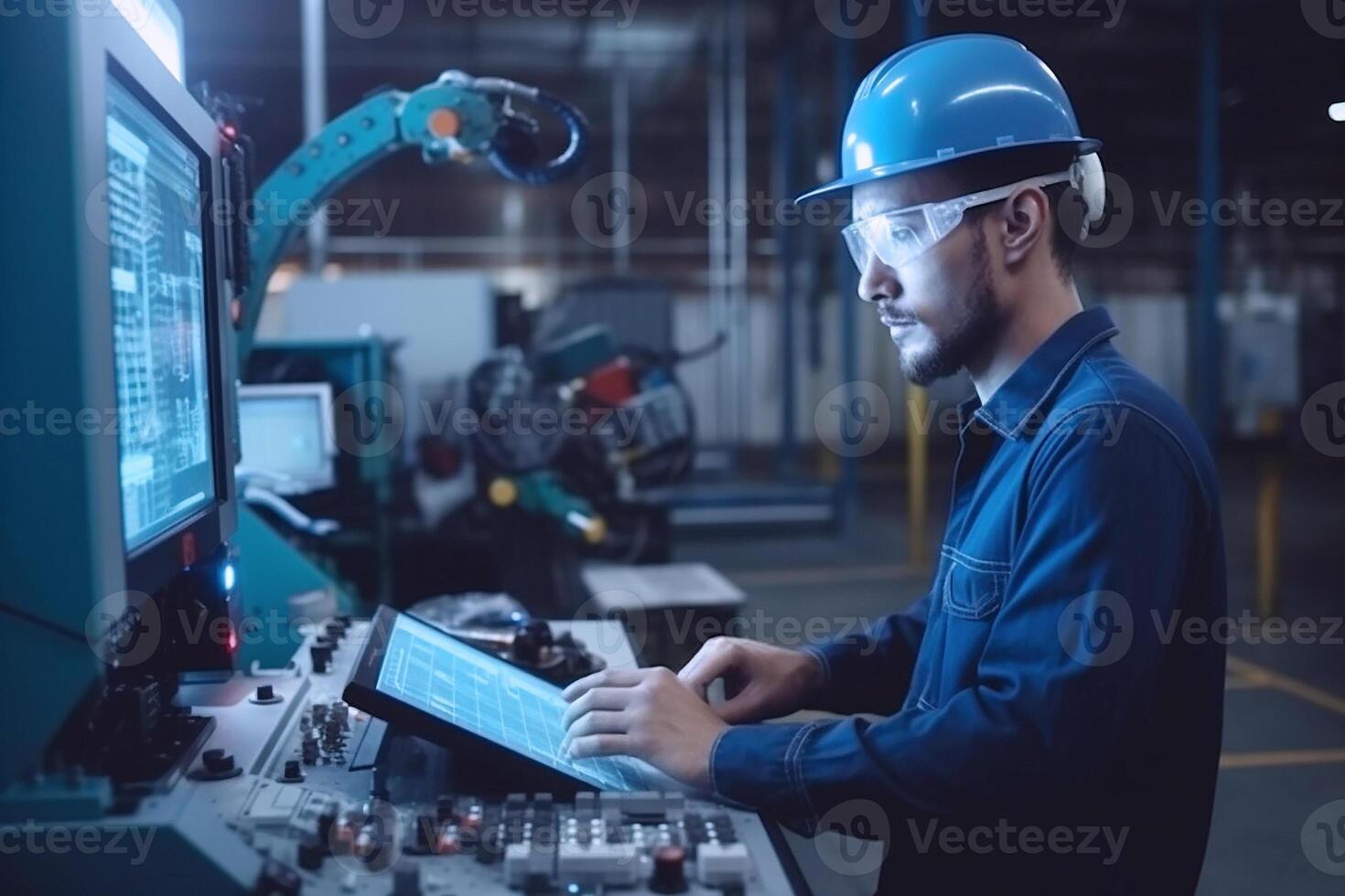 A male engineer in a construction helmet controls work processes through a computer. photo