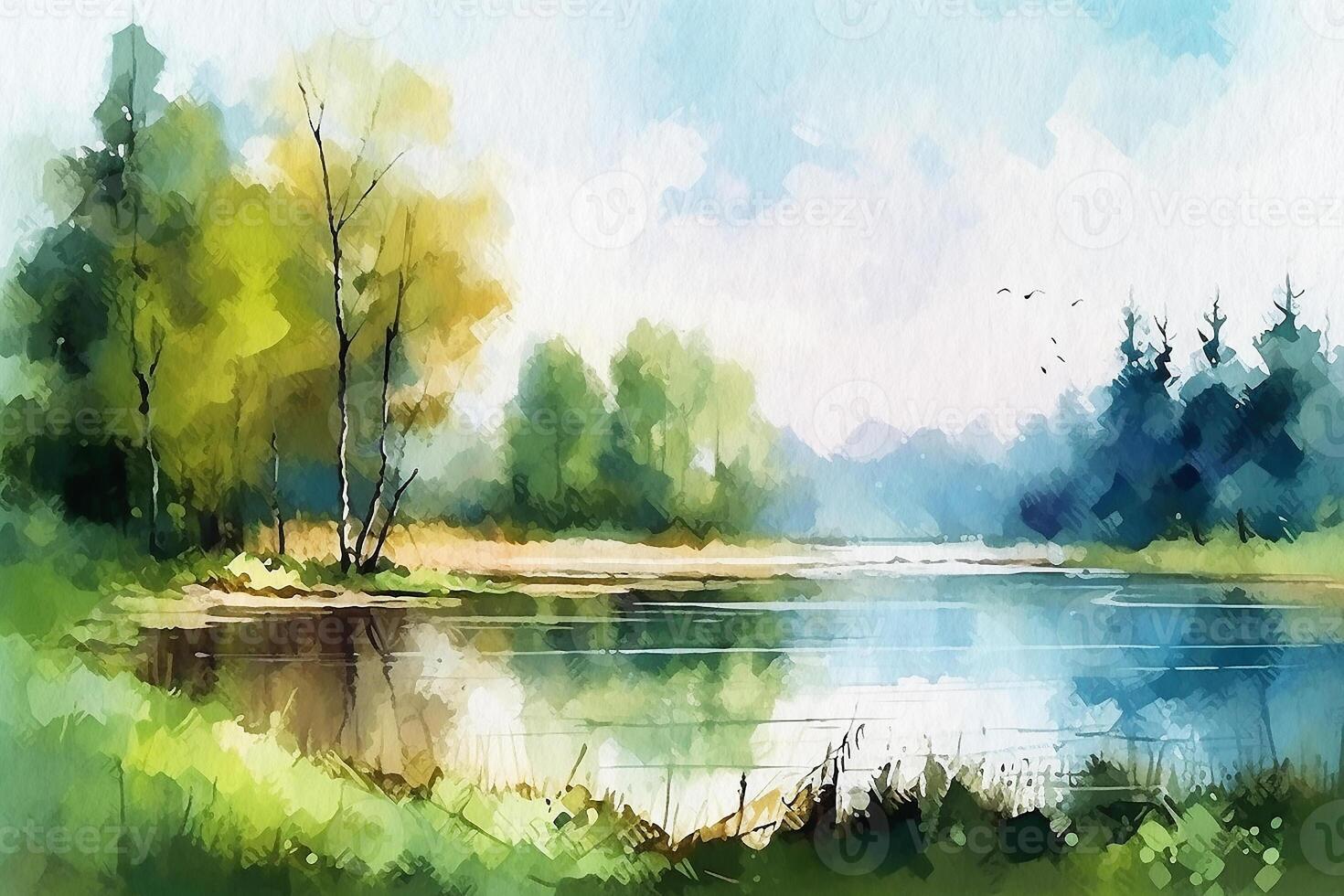 Landscape forest and forest lake with flying birds, watercolor painting on textured paper. Digital watercolor painting. photo