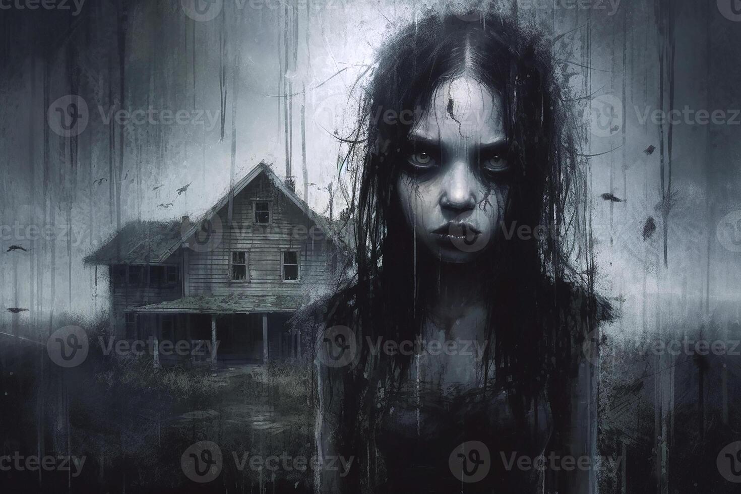 Horror, a demon girl peeking out of the darkness against the backdrop of an old wooden house. photo